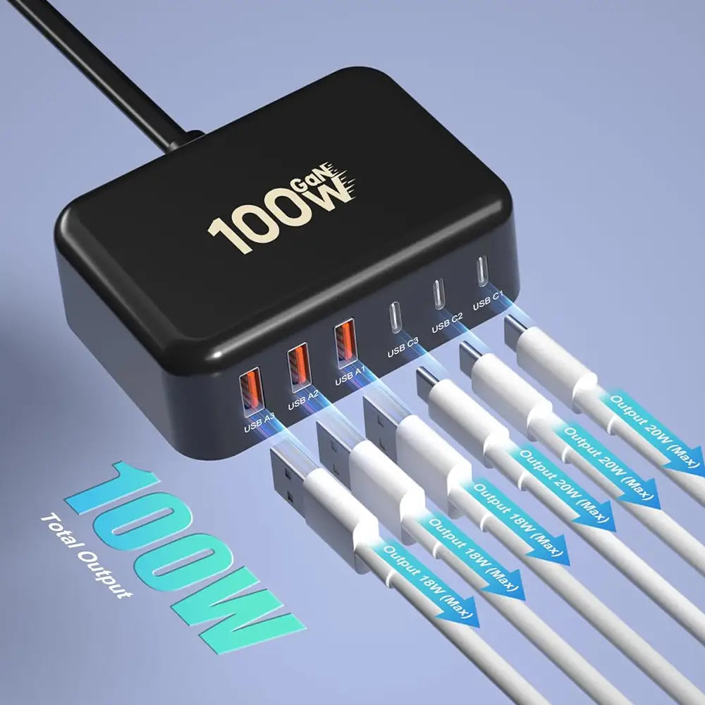 USB + USB C Ladestation Schnellladen 6 Ports 100w Adapter