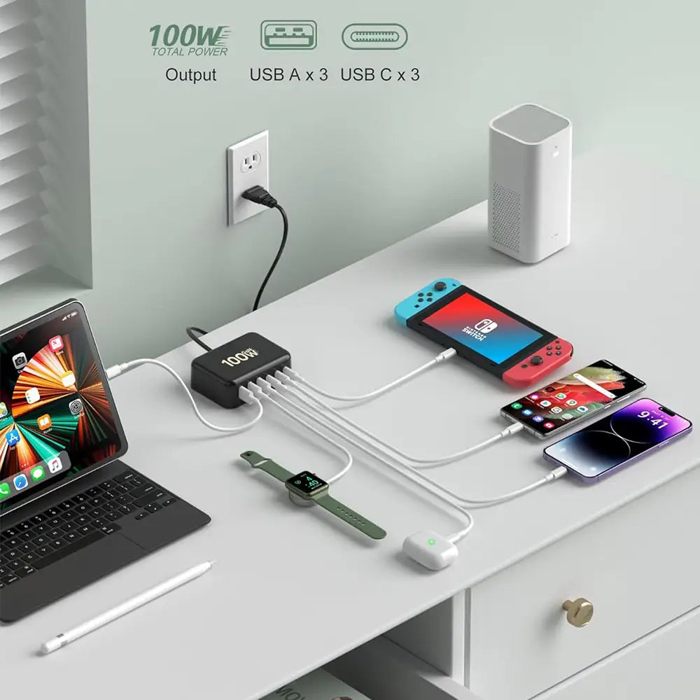 USB + USB C Ladestation Schnellladen 6 Ports 100w Adapter