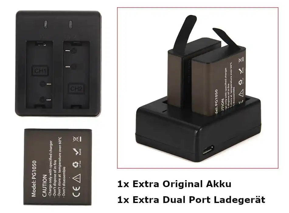Action Cam Kamera 4K Extra Akku und Dual Ladegerät