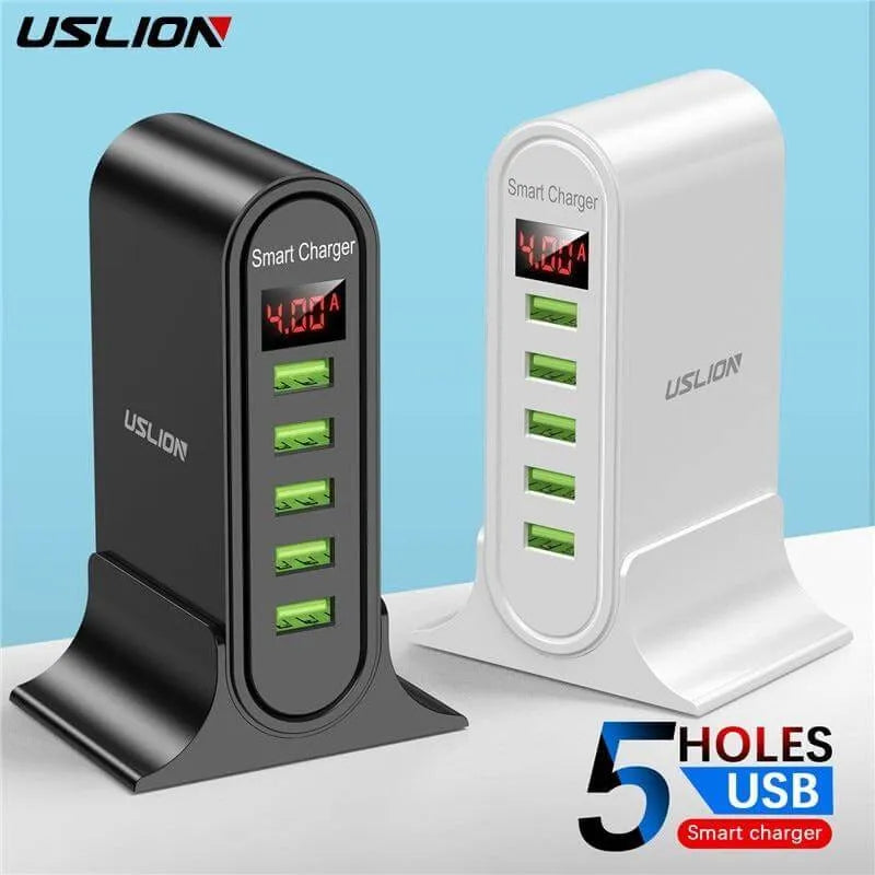 USB quick charge Adapter mit 5 Anschluessen fuer alle Geraete in schwarz und weiss
