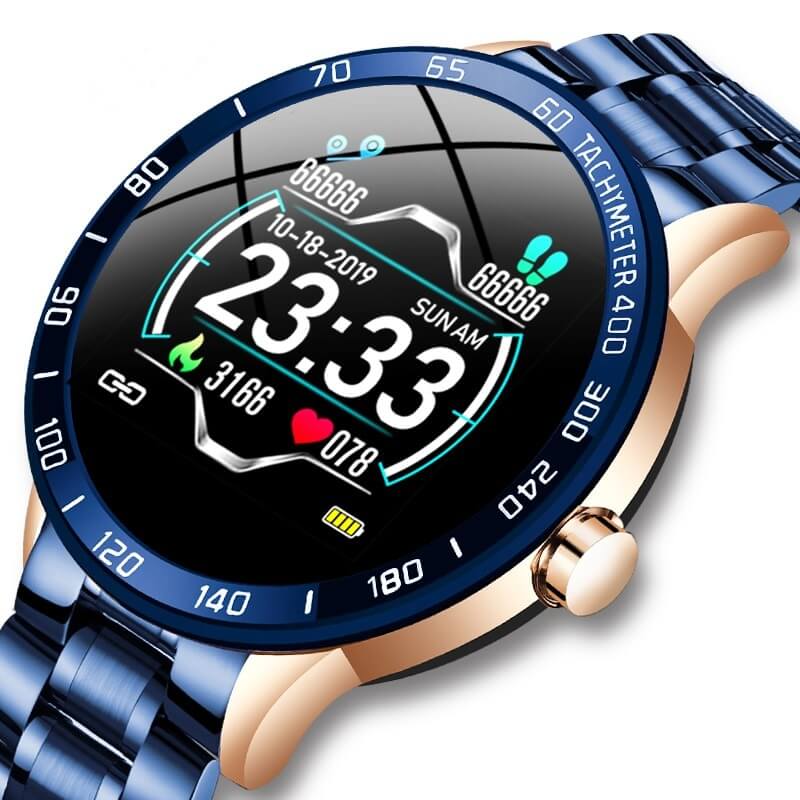 Smart Watch fuer Herren mit Edelstahl Armband Fitness Tracker Herz Frequenz und Blutdruck Messgeraet in blau
