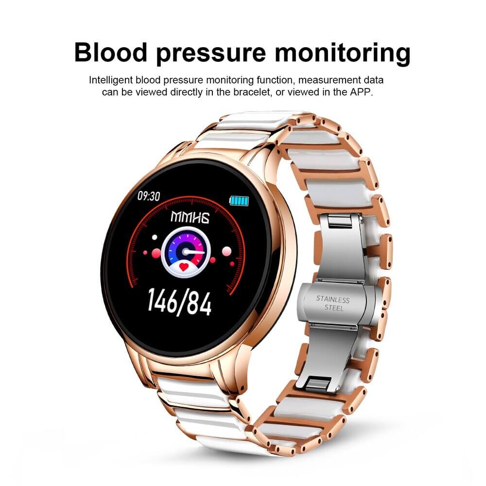 Smartwatch und Fitness Tracker fuer Frauen rund mit Blutdruck Messgeraet in weiß gold mit Edelstahl Armband