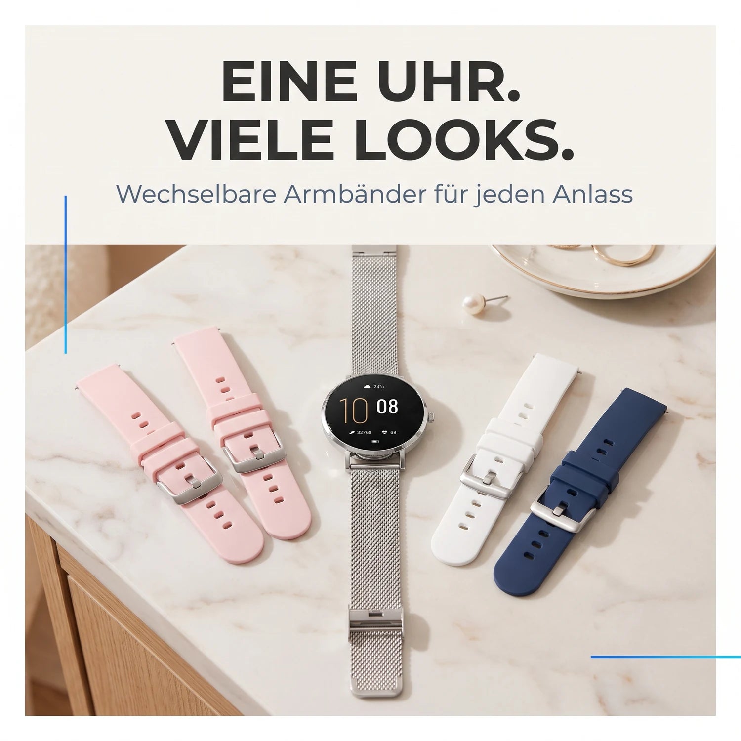 Eine Uhr, viele Looks – Amory 5 Mini mit Milanaise-Armband zwischen rosa, weißem und blauem Silikon-Armband
