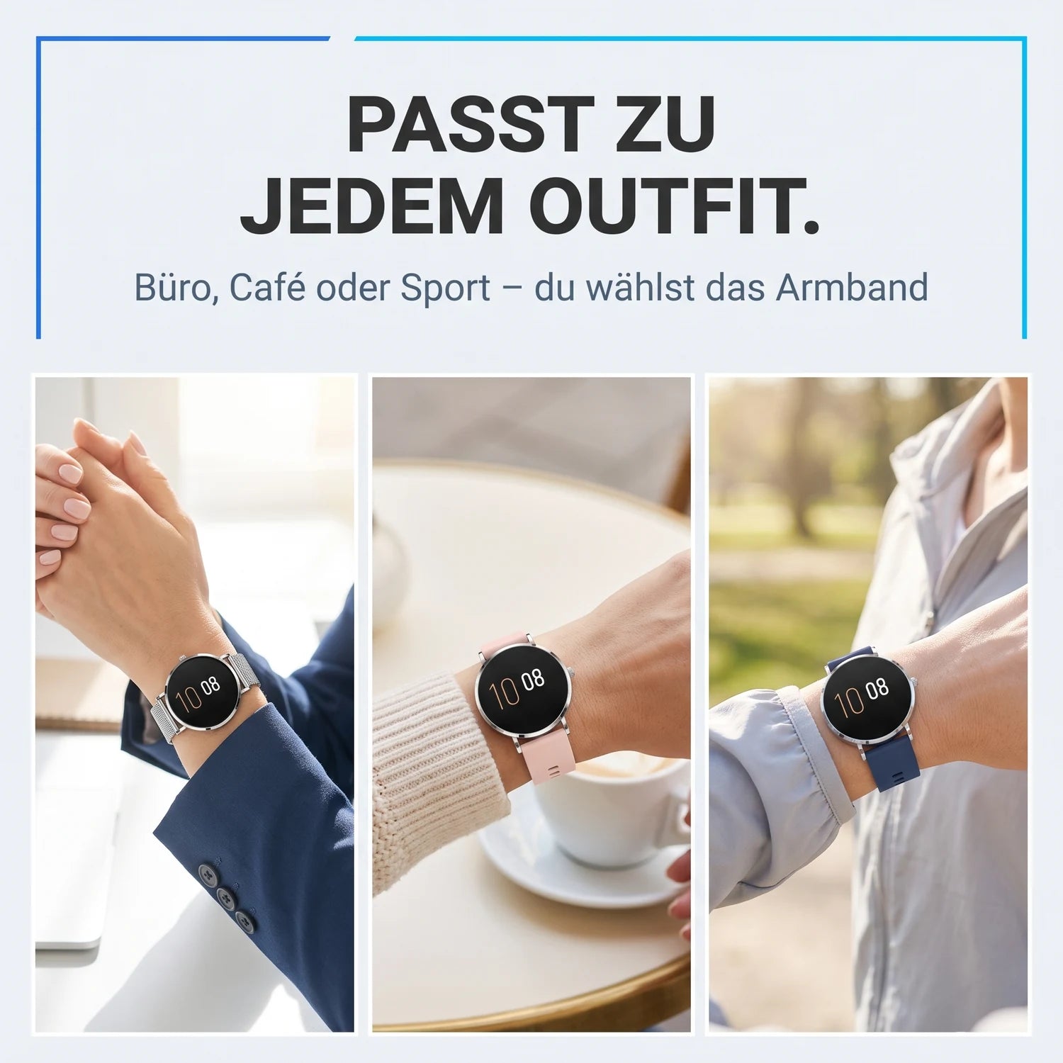 Passt zu jedem Outfit – Amory 5 Mini mit Milanaise im Büro, rosa Silikon im Café und blauem Silikon beim Sport