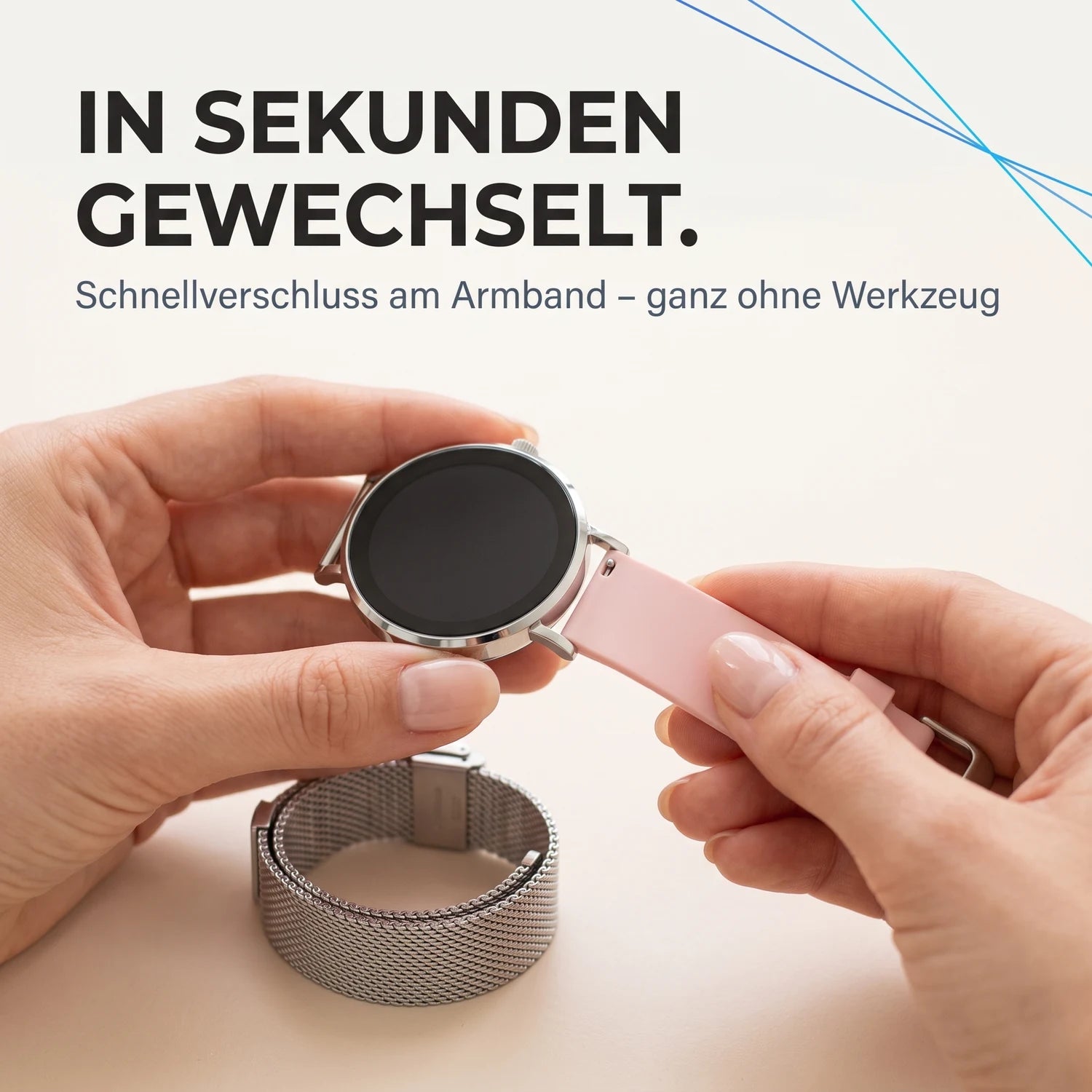 In Sekunden gewechselt – Silikon-Armband wird per Schnellverschluss an die Amory 5 Mini geklickt