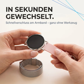 In Sekunden gewechselt – Silikon-Armband wird per Schnellverschluss an die Amory 5 Mini geklickt