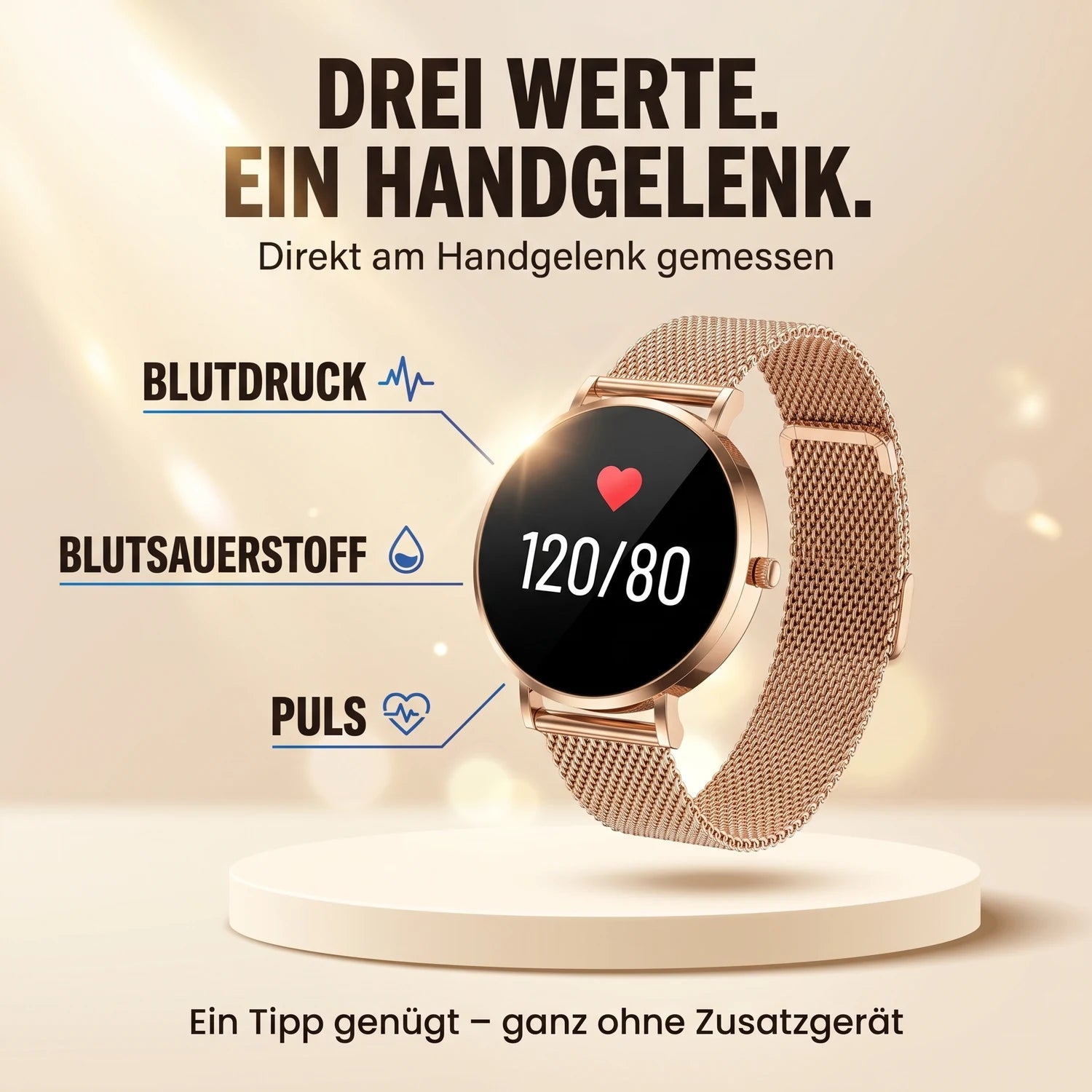 Drei Werte, ein Handgelenk – Amory 5 Mini in Roségold zeigt den Blutdruck 120/80