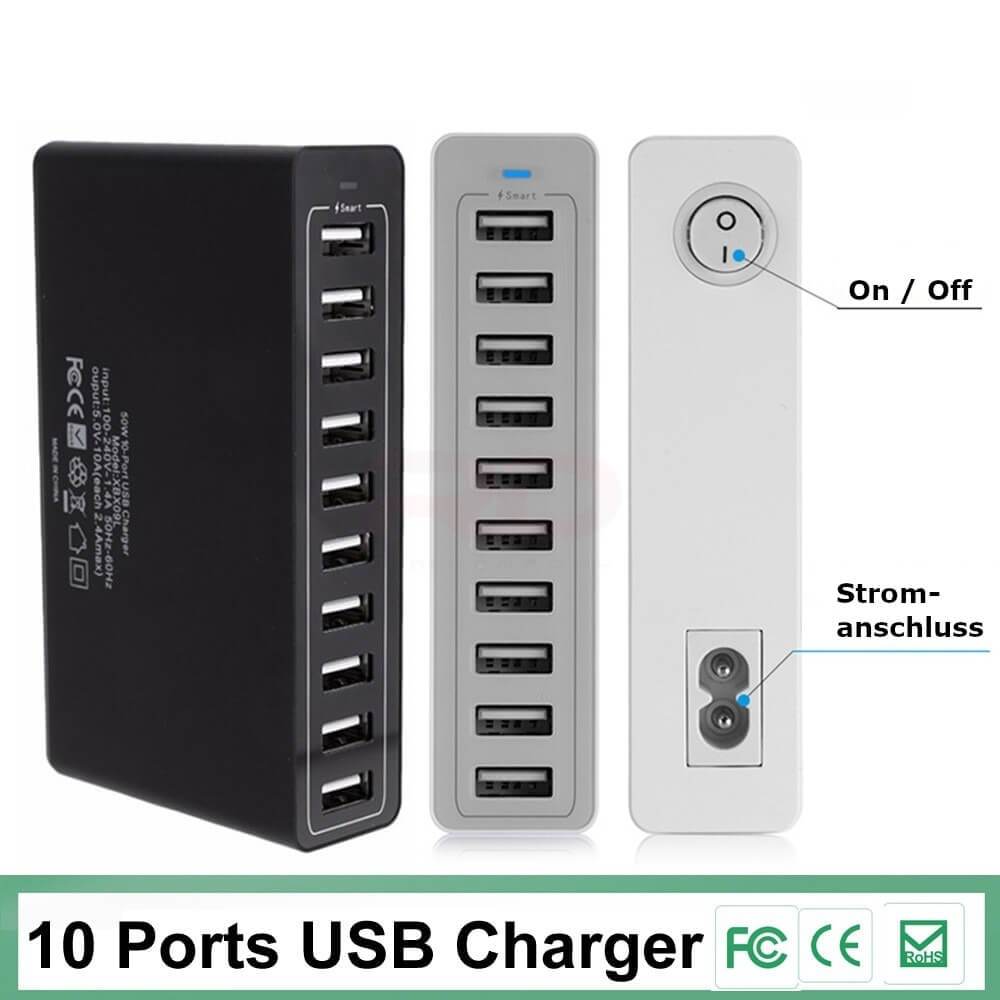10 Port USB Stecker Schnellladen Schwarz Weiß