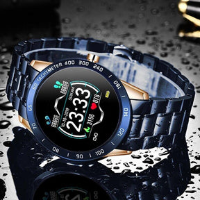 Smart Watch fuer Herren mit Edelstahl Armband Fitness Tracker Herz Frequenz und Blutdruck Messgeraet ist wasserdicht