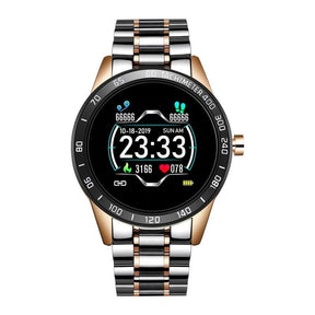 Smart Watch fuer Herren mit Edelstahl Armband Fitness Tracker Herz Frequenz und Blutdruck Messgeraet in Rose Gold
