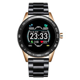 Smart Watch fuer Herren mit Edelstahl Armband Fitness Tracker Herz Frequenz und Blutdruck Messgeraet in schwarz gold