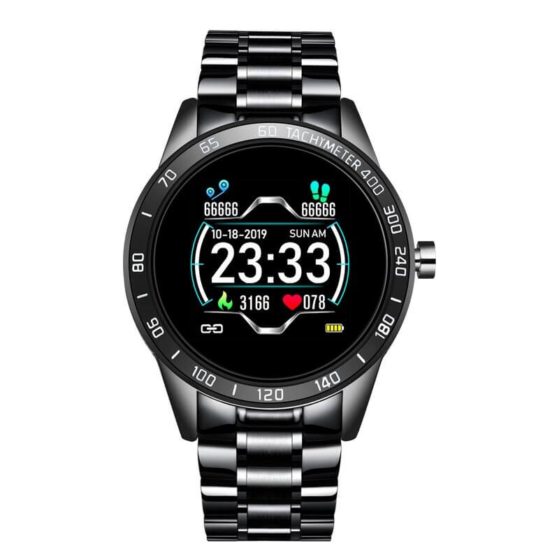 Smart Watch fuer Herren mit Edelstahl Armband Fitness Tracker Herz Frequenz und Blutdruck Messgeraet in schwarz