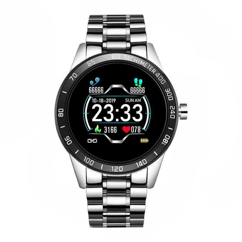 Smart Watch fuer Herren mit Edelstahl Armband Fitness Tracker Herz Frequenz und Blutdruck Messgeraet in silber