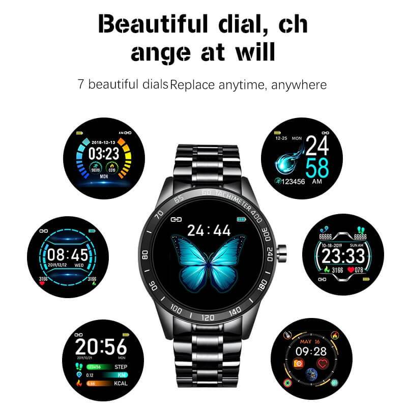 Smart Watch fuer Herren mit Edelstahl Armband Fitness Tracker Herz Frequenz und Blutdruck Messgeraet mit verschiednen Zifferblaettern