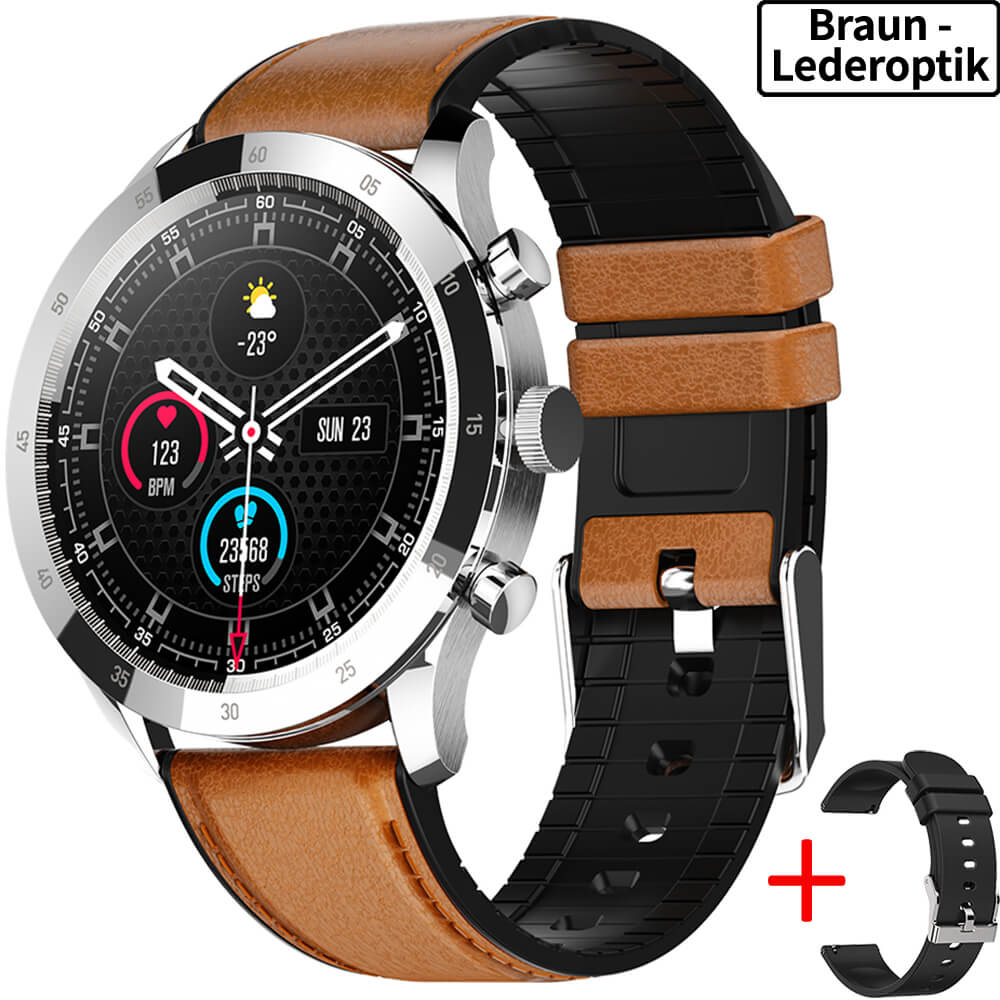 Smartwatch Herren Braun Leder Gitternetz Armband Bluetooth