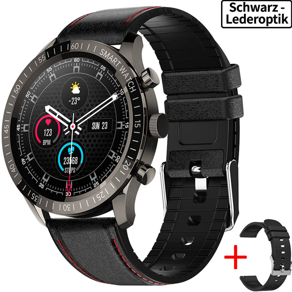 Smartwatch Herren Schwarz Leder Gitternetz Armband Bluetooth
