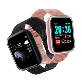 Smartwatch Unisex mit Mesh Armband fuer Herren und Frauen in schwarz und pink
